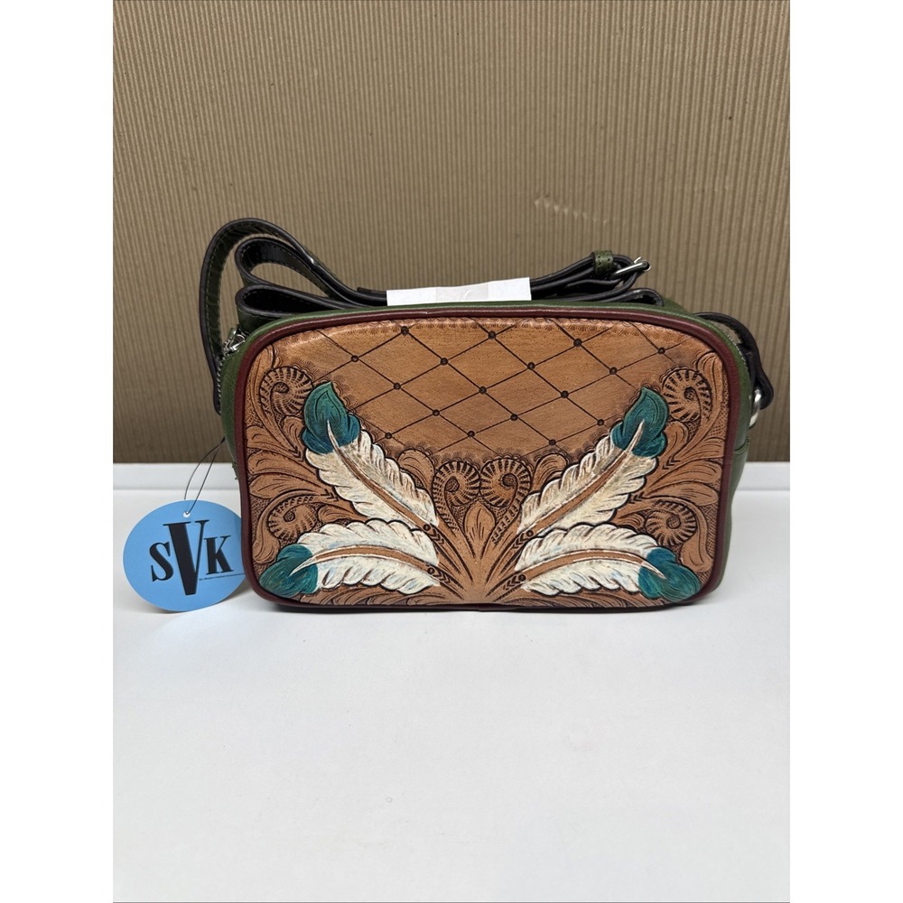 SVK Western Crossbody Embossed Leather Brown Green Blue Feather Accent